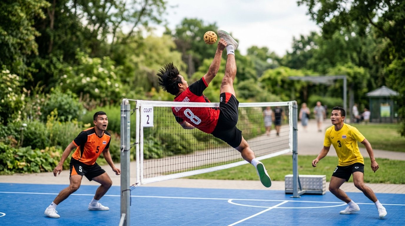 Drei Sportler beim Training von Sepak Takraw auf einem Outdoor-Platz mit akrobatischer Sprungtechnik.