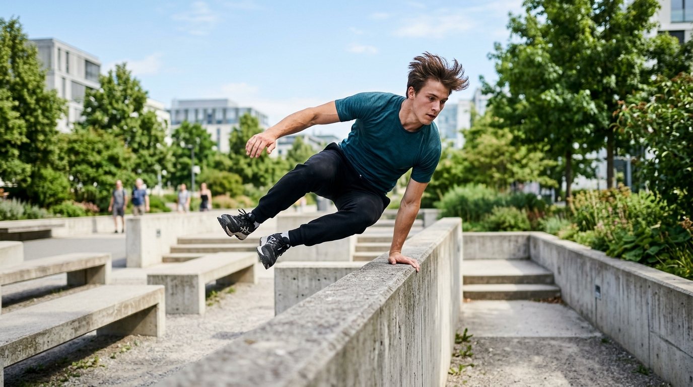 Junger Sportler beim Parkour-Training im urbanen Park beim Überwinden einer Betonmauer.