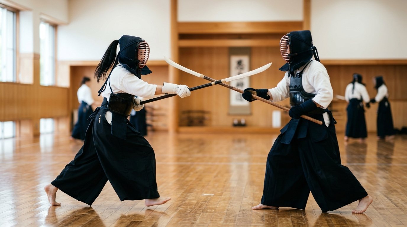 Zwei Sportler beim konzentrierten Training der japanischen Kampfkunst Naginata in einer modernen Sporthalle.