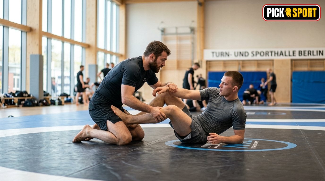 Submission Wrestling: Regeln, Technik und Training verständlich erklärt Zwei Sportler beim Submission Wrestling Training: Fokus auf Technik, Bodenkampf und kontrollierte Bewegungen in der Halle.