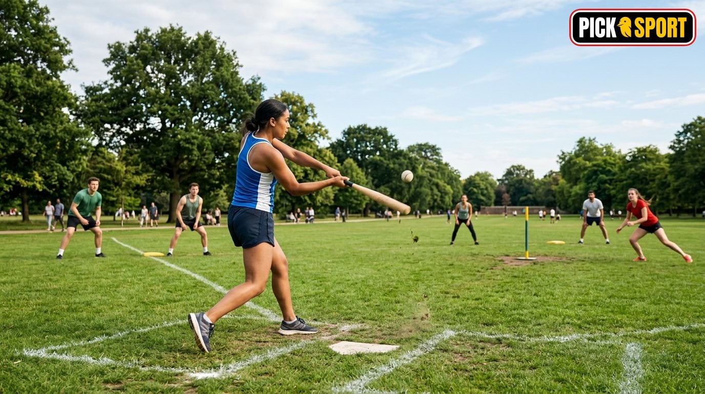 Rounders: Regeln, Technik und Training verständlich erklärt Dynamische Rounders-Szene in einem Park mit Spielern in Sportkleidung beim Schlag- und Feldtraining.