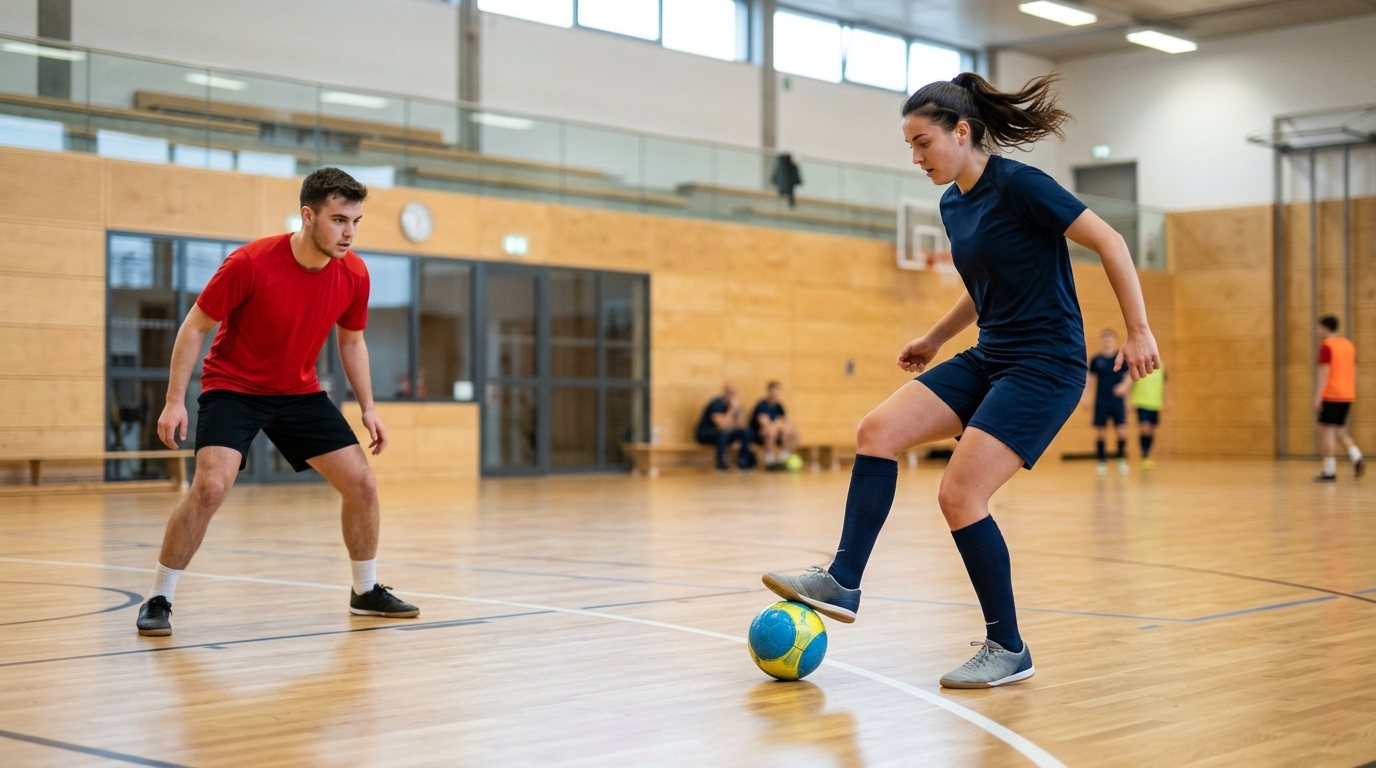 Zwei Personen trainieren Futsal-Technik in einer modernen Sporthalle mit Fokus auf Ballkontrolle.