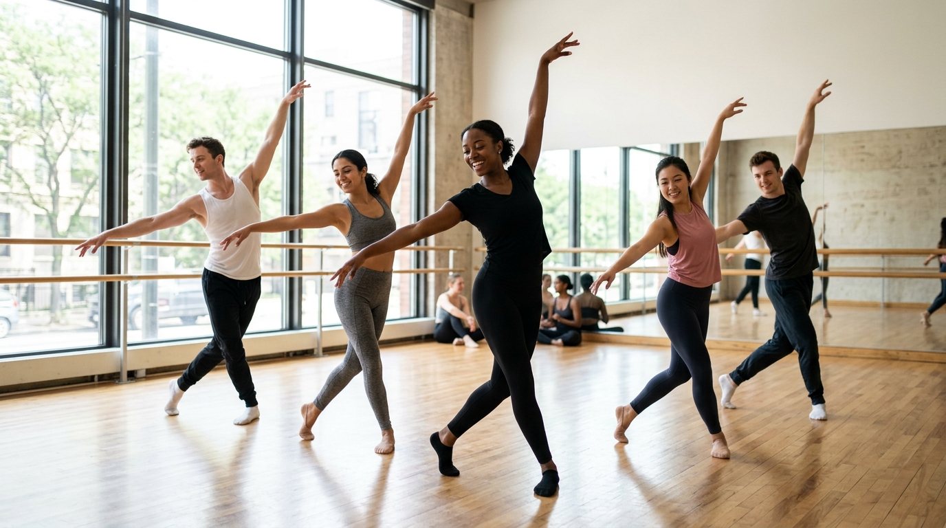 Gruppe von jungen Erwachsenen beim Jazz Dance Training im Tanzstudio, Fokus auf Technik und Bewegung.
