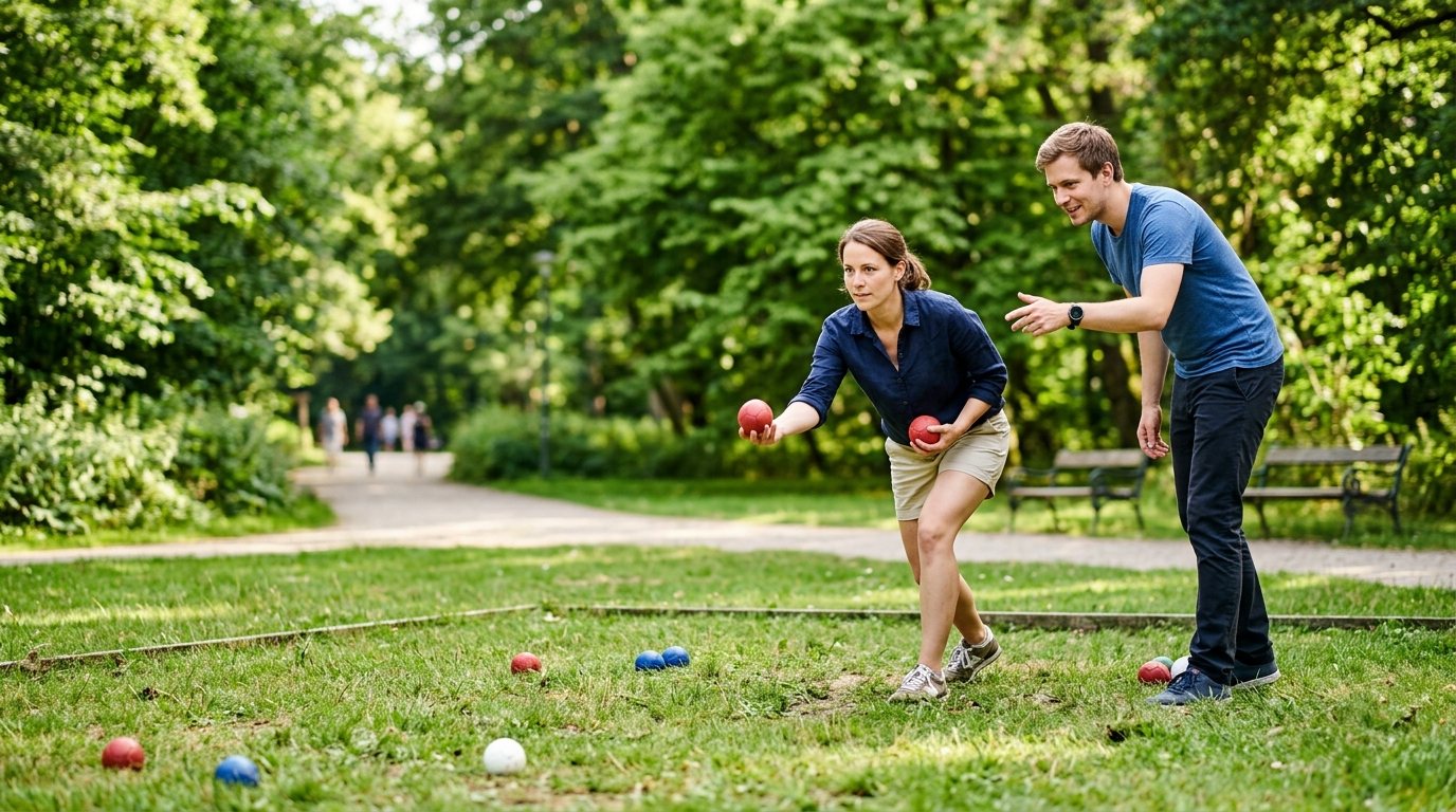 Zwei Personen beim Boccia Training im Park, eine Person konzentriert sich auf den Wurf, die andere gibt hilfreiche Tipps.
