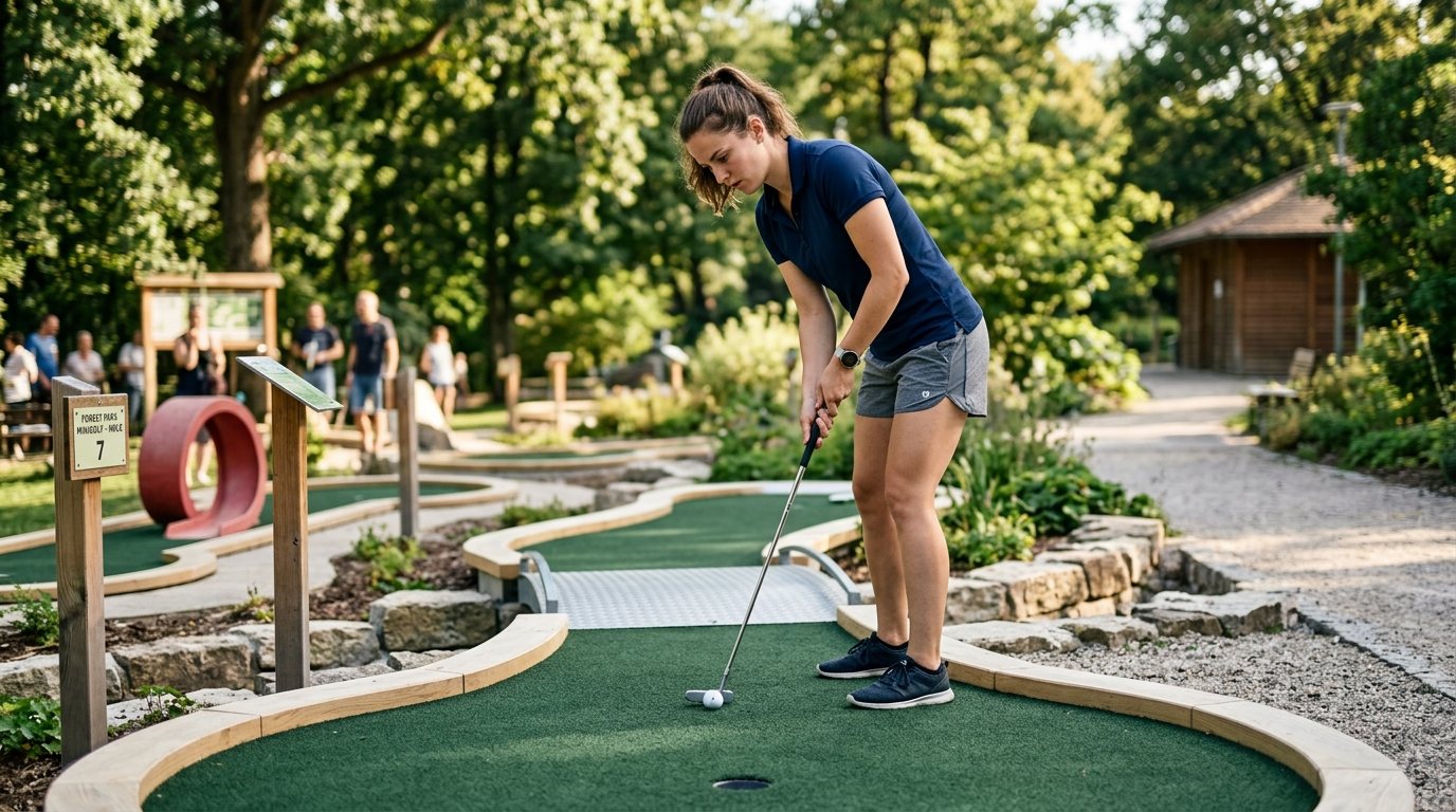 Konzentrierte Person beim Minigolf auf einer modernen Anlage zur Veranschaulichung der richtigen Schlagtechnik.