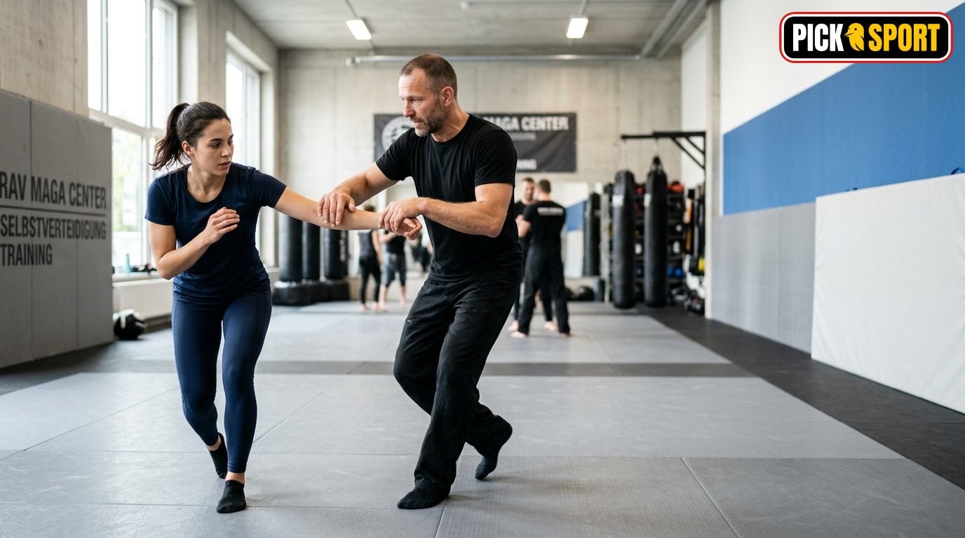 Krav Maga: Regeln, Technik und Training verständlich erklärt Zwei Personen beim Krav Maga Training in einem modernen Fitnessstudio, Fokus auf Technik und Selbstverteidigung.