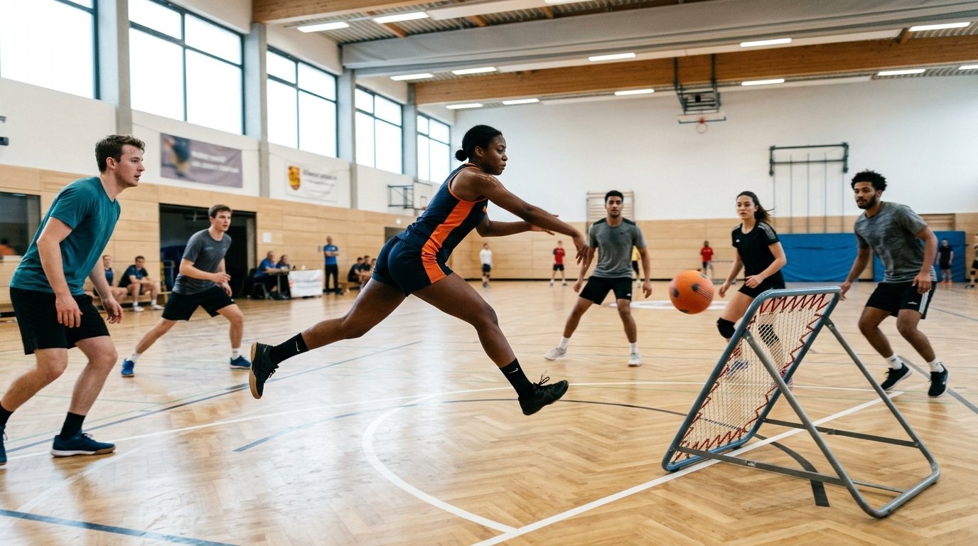 Dynamische Tchoukball-Szene in einer modernen Sporthalle mit Fokus auf einen Wurf auf das Rebound-Frame.
