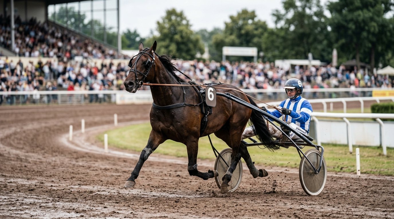 Trabrennfahrer in einem Sulky während eines Trabrennens auf einer Rennbahn im sportlichen Renntempo.