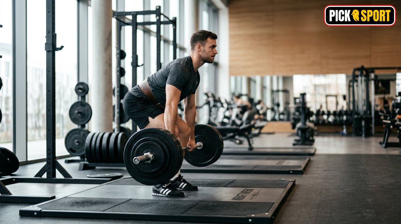 Ein fokussierter Athlet beim Powerlifting-Training: Fokus auf korrekte Technik und Haltung beim Kreuzheben.