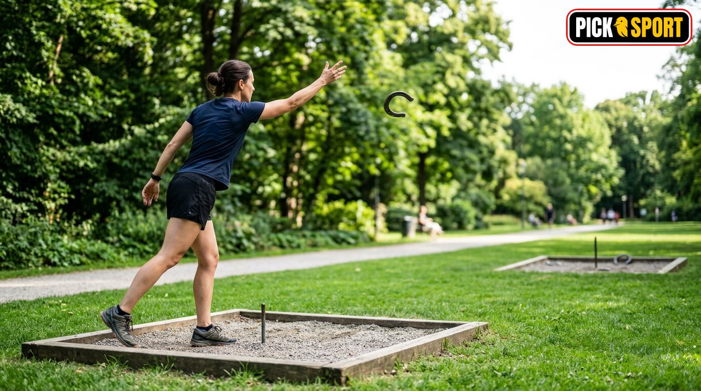 Person beim Hufeisenwerfen im Park: Konzentrierte Wurftechnik und Bewegung beim Präzisionssport.