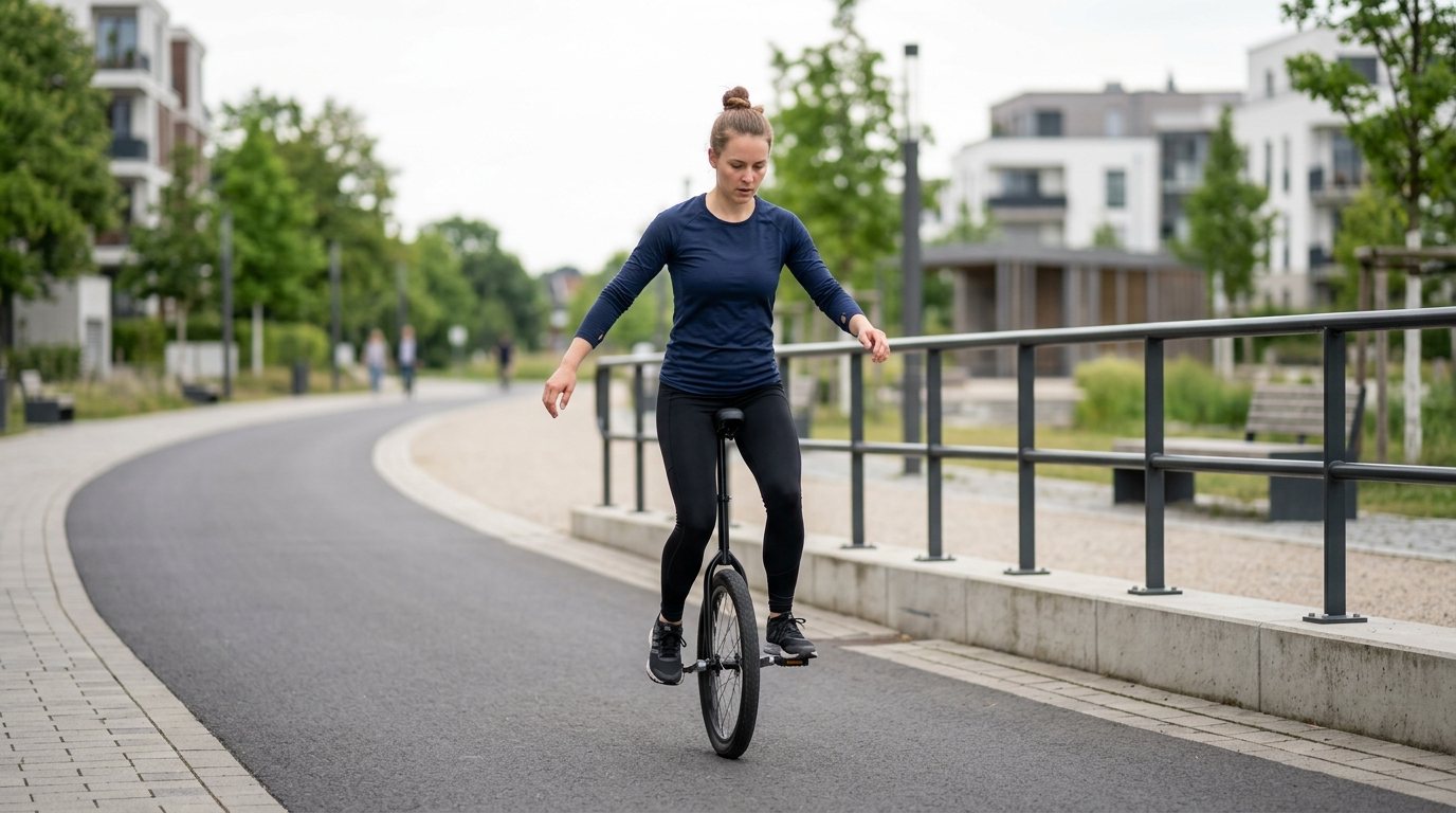 Person beim Einradfahren-Training in einem Park, Fokus auf Balance-Technik und aufrechter Körperhaltung.
