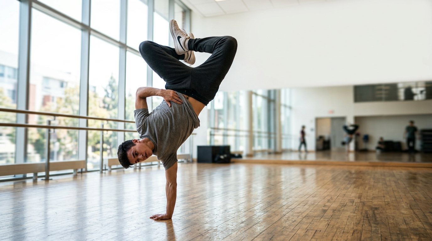 Ein Breakdancer zeigt eine dynamische Freeze-Position während des Trainings in einer modernen Sporthalle.