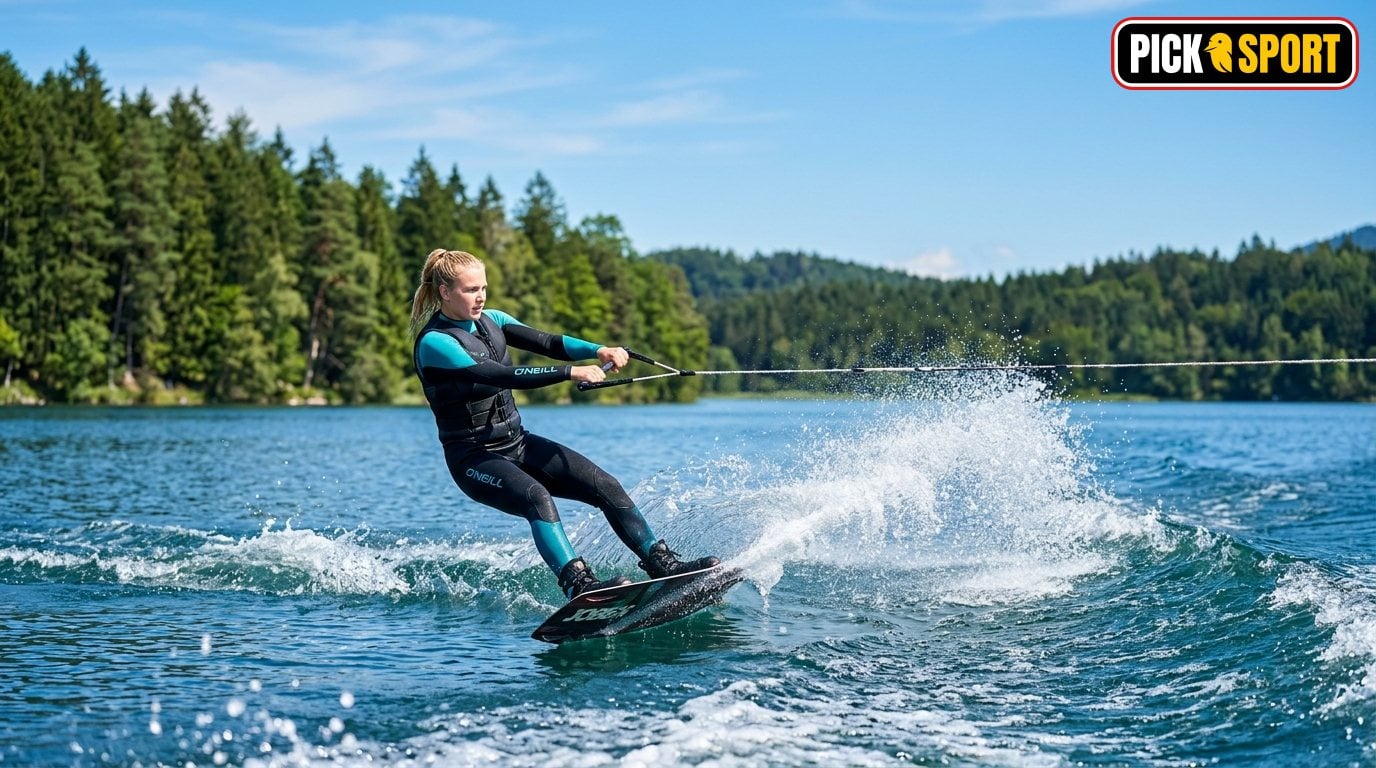 Wasserski: Regeln, Technik und Training verständlich erklärt Sportler beim Wasserski auf einem See im sommerlichen Sonnenschein für den perfekten Einstieg.