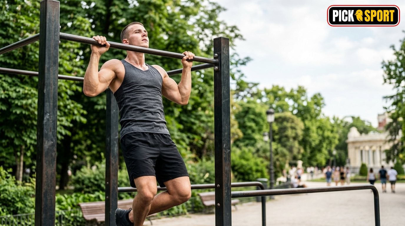 Street Workout: Regeln, Technik und Training verständlich erklärt Sportler beim Street Workout Training an einer Klimmzugstange in einem Park zur Verbesserung von Technik und Kraft.