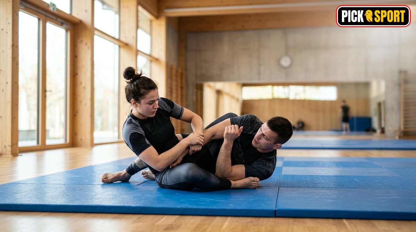 Zwei Sportler beim Grappling Training auf der Matte in einem hellen, modernen Sportstudio.