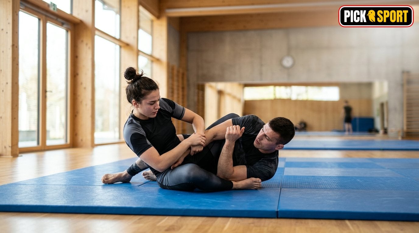Grappling: Regeln, Technik und Training verständlich erklärt Zwei Sportler beim Grappling Training auf der Matte in einem hellen, modernen Sportstudio.