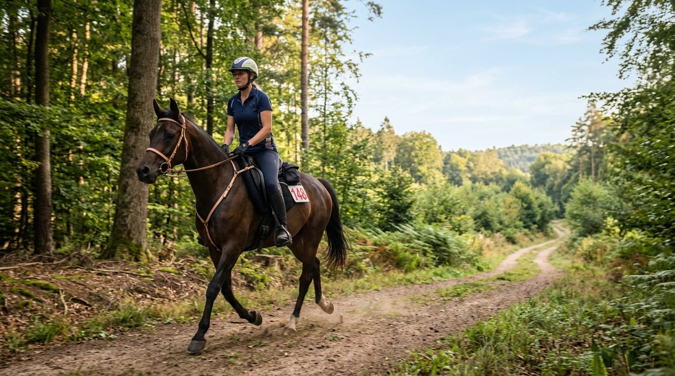 Pferd und Reiter beim Distanzreiten Training auf einem Waldweg in der Natur