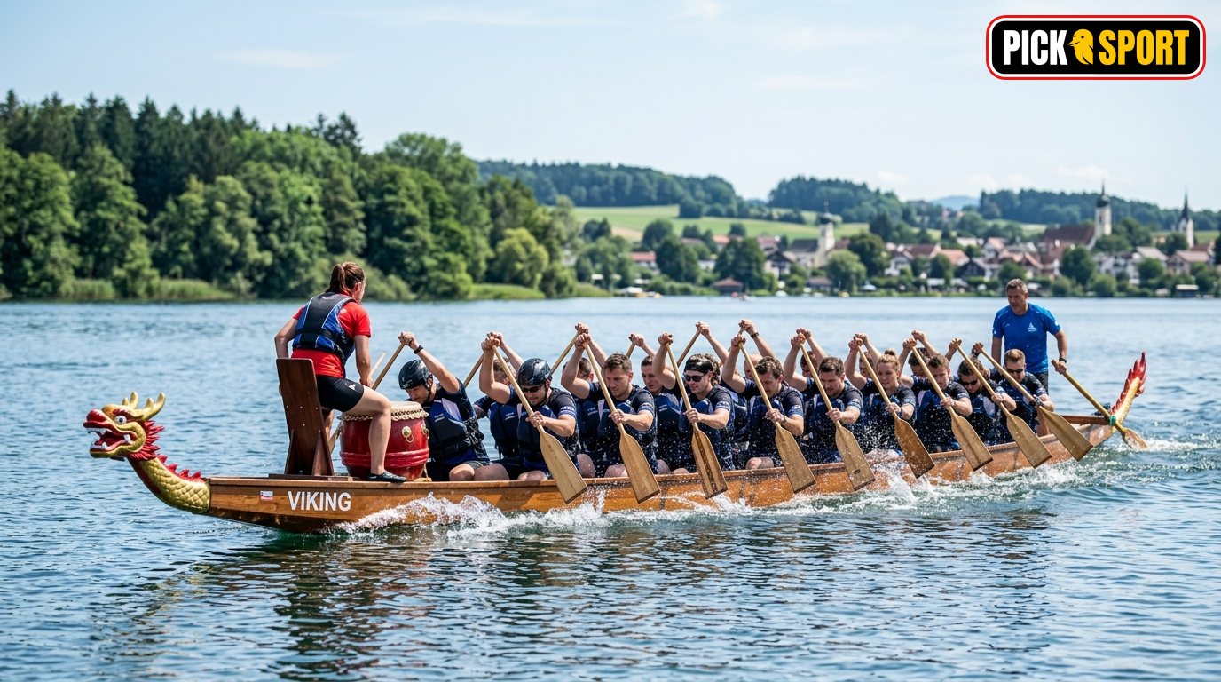 Dragon boat team training on a lake, focusing on teamwork, rhythm, and paddling technique in a natural European setting.
