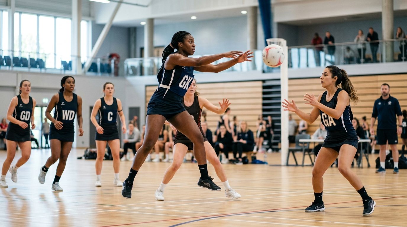 Netball-Training in der Halle: Spielerinnen üben konzentriert Pass-Technik und Teamwork.
