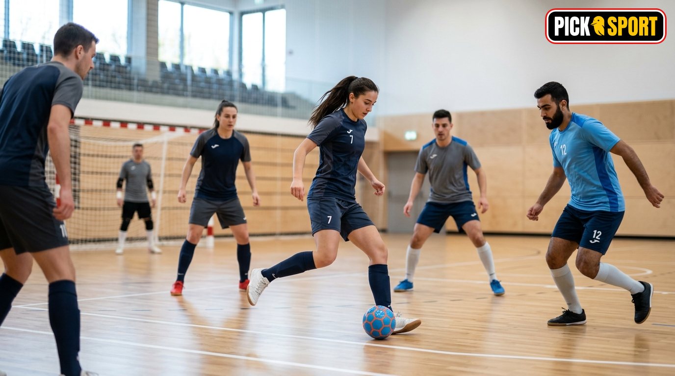 Dynamische Futsal-Trainingsszene in einer modernen Sporthalle mit Spielern beim Technik-Training.