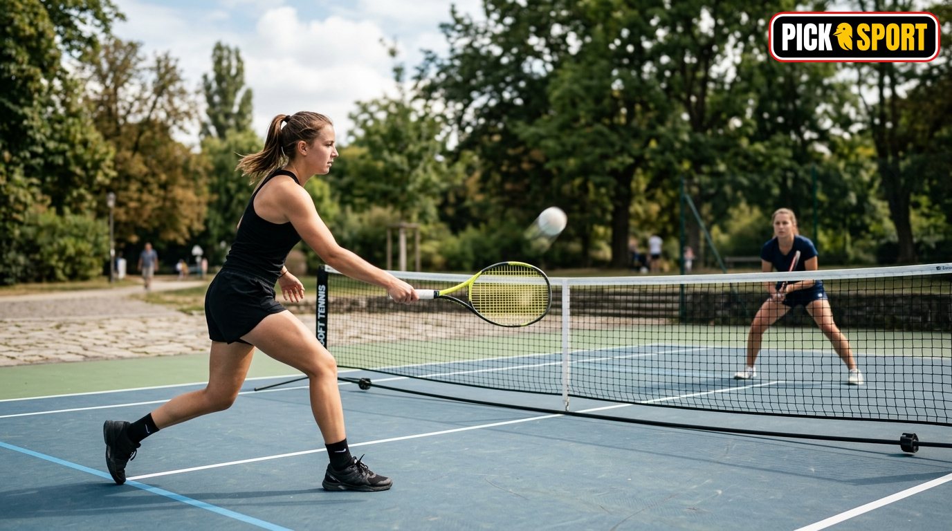 Zwei Personen beim Soft Tennis Training auf einem Außenplatz mit Fokus auf Technik und Bewegung.
