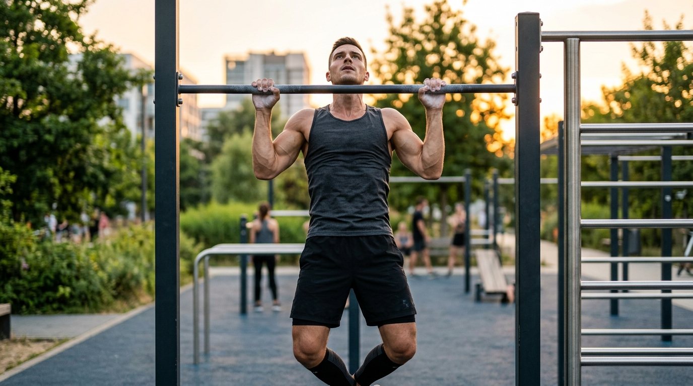 Sportler beim Street Workout Training: Konzentrierter Klimmzug an einer Stange in einem modernen Outdoor-Fitnesspark.