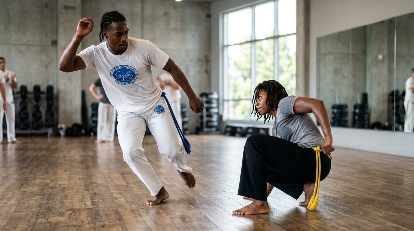 Zwei Personen beim Capoeira-Training in einem modernen Sportstudio mit Fokus auf Bewegung und Technik.