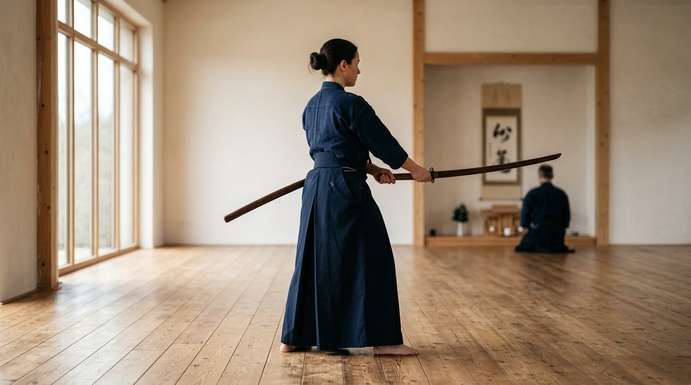 Iaido-Training in einem Dojo: Fokus auf Haltung und Konzentration bei einer Schwertkunst-Übung.