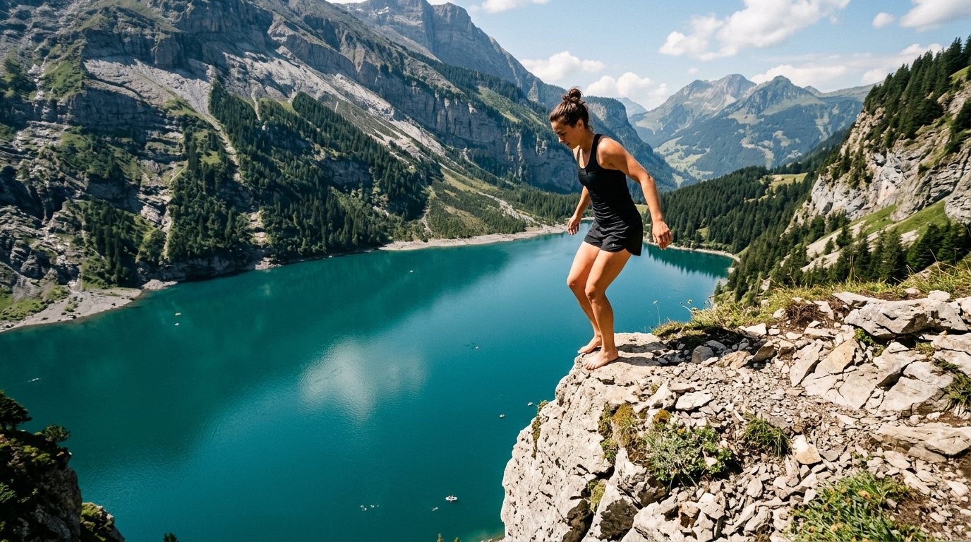 Sportliche Person in Vorbereitung auf einen Sprung von einer Klippe in einen See