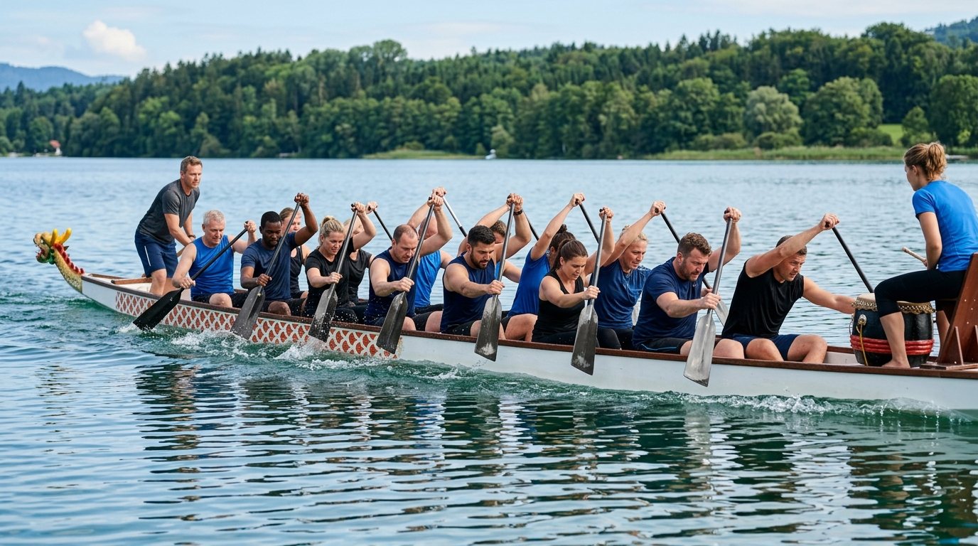 Ein Drachenboot-Team trainiert synchron auf einem See – Fokus auf Paddeltechnik und Teamarbeit.