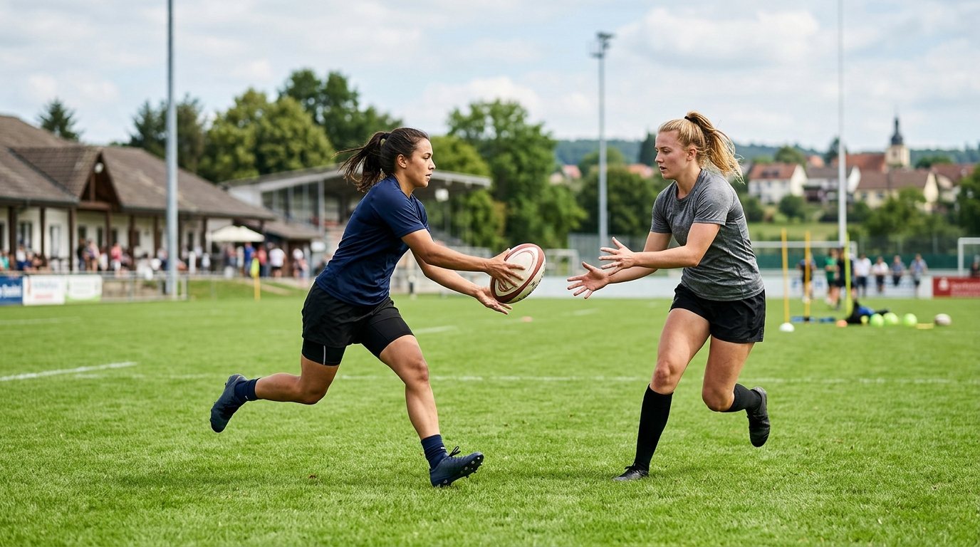 Zwei Sportler beim Rugby-Training auf einem grünen Platz bei einer Pass-Übung für den perfekten Einstieg.