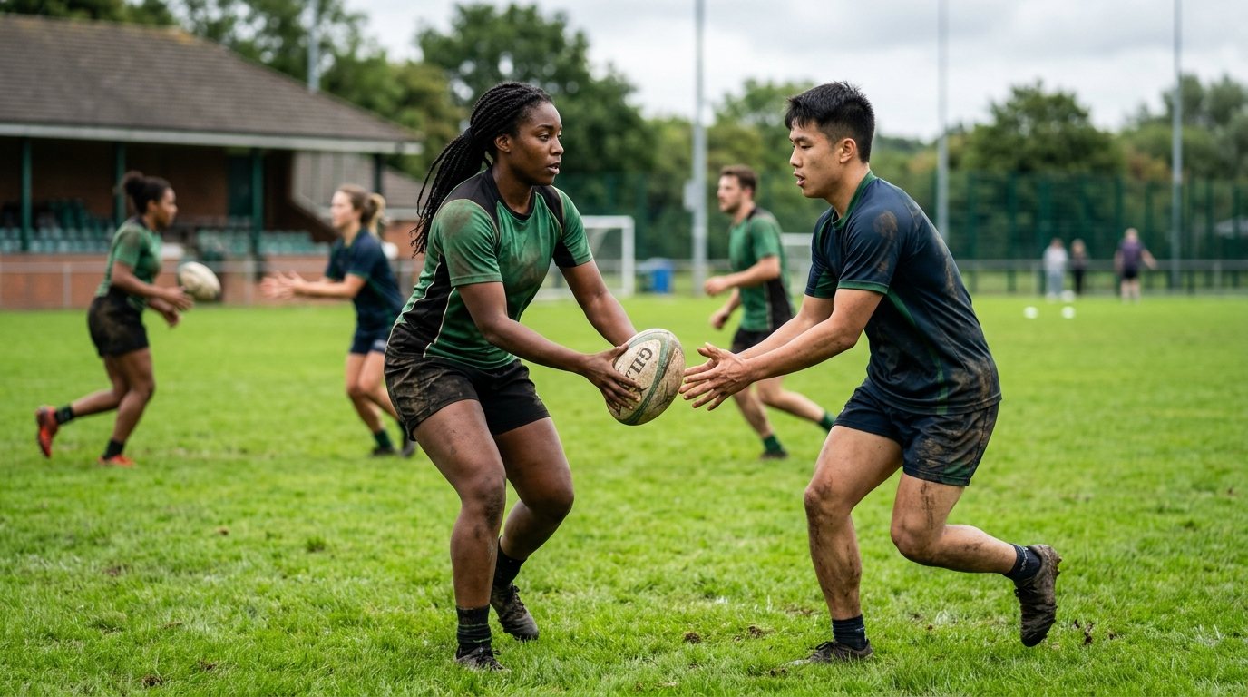 Amateur-Athleten beim Rugby League Training: Fokus auf Technik, Passspiel und Training auf dem Rasenplatz.