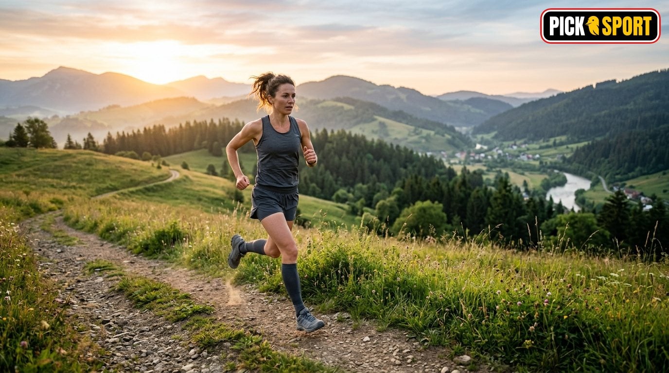 Ultralauf: Regeln, Technik und Training verständlich erklärt Ein Ultraläufer beim Training in einer hügeligen europäischen Landschaft bei Sonnenaufgang.