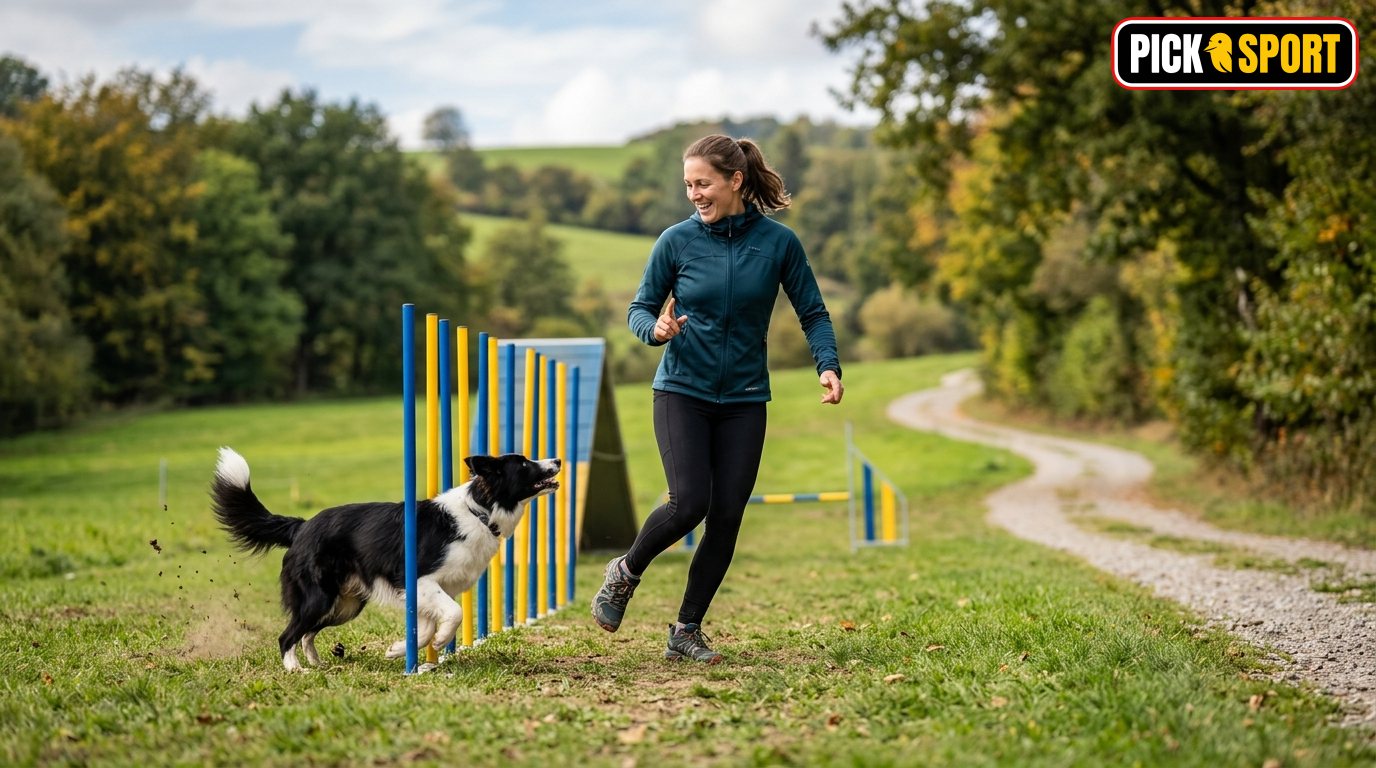 Eine Frau trainiert mit ihrem Hund im Freien, Fokus auf Bewegung und Kommunikation im Hundesport.