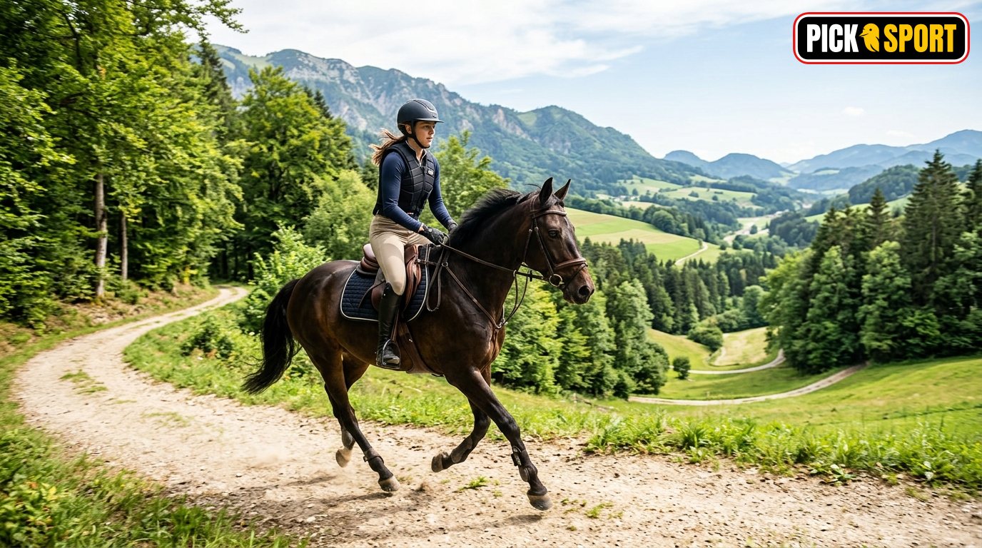 Reiter und Pferd beim Distanzreiten im Training auf einem Waldweg in einer europäischen Landschaft.