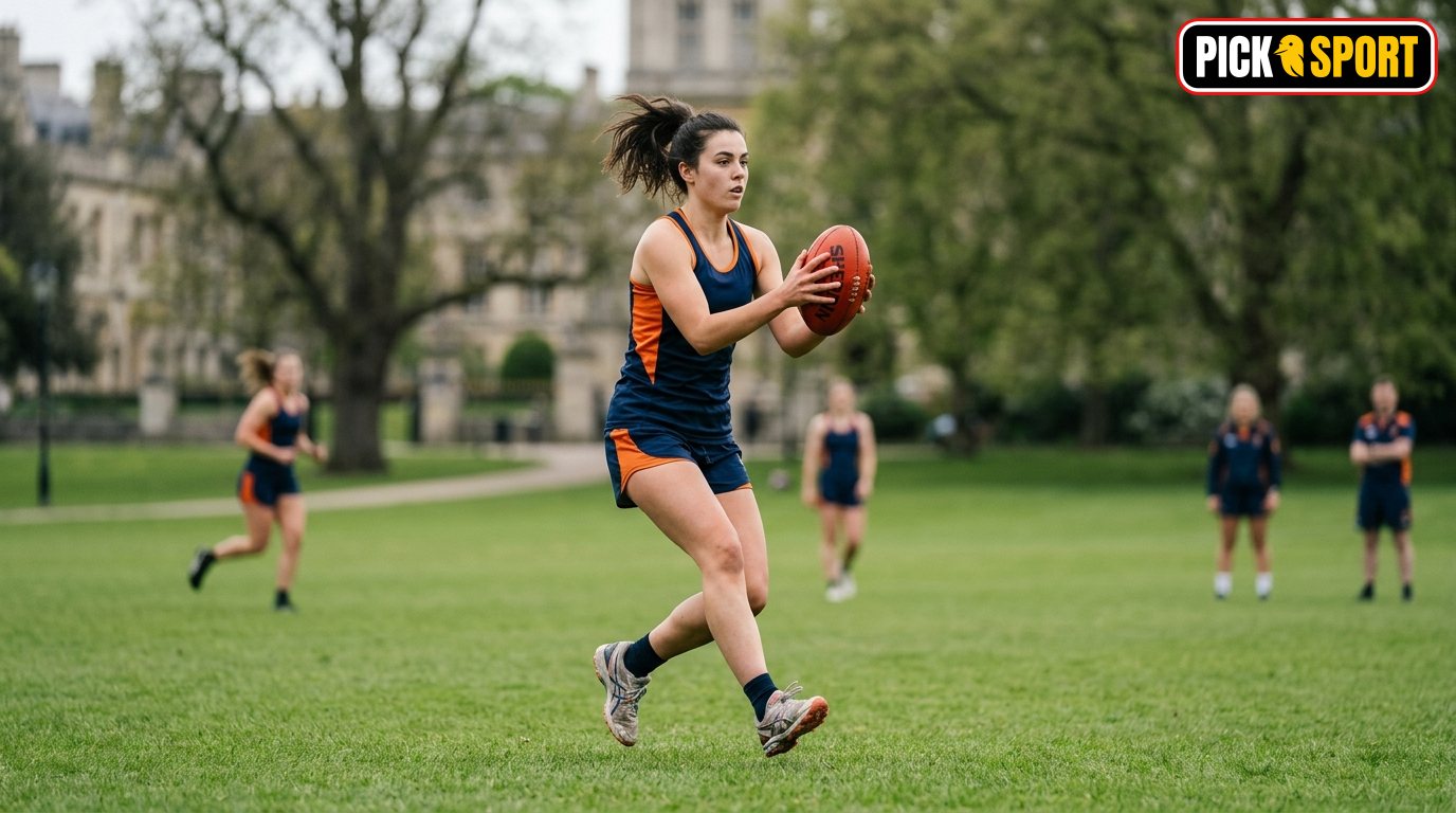 Person beim Australian Football Training: Technik-Übung mit Drop-Punt auf einem grünen Sportplatz.