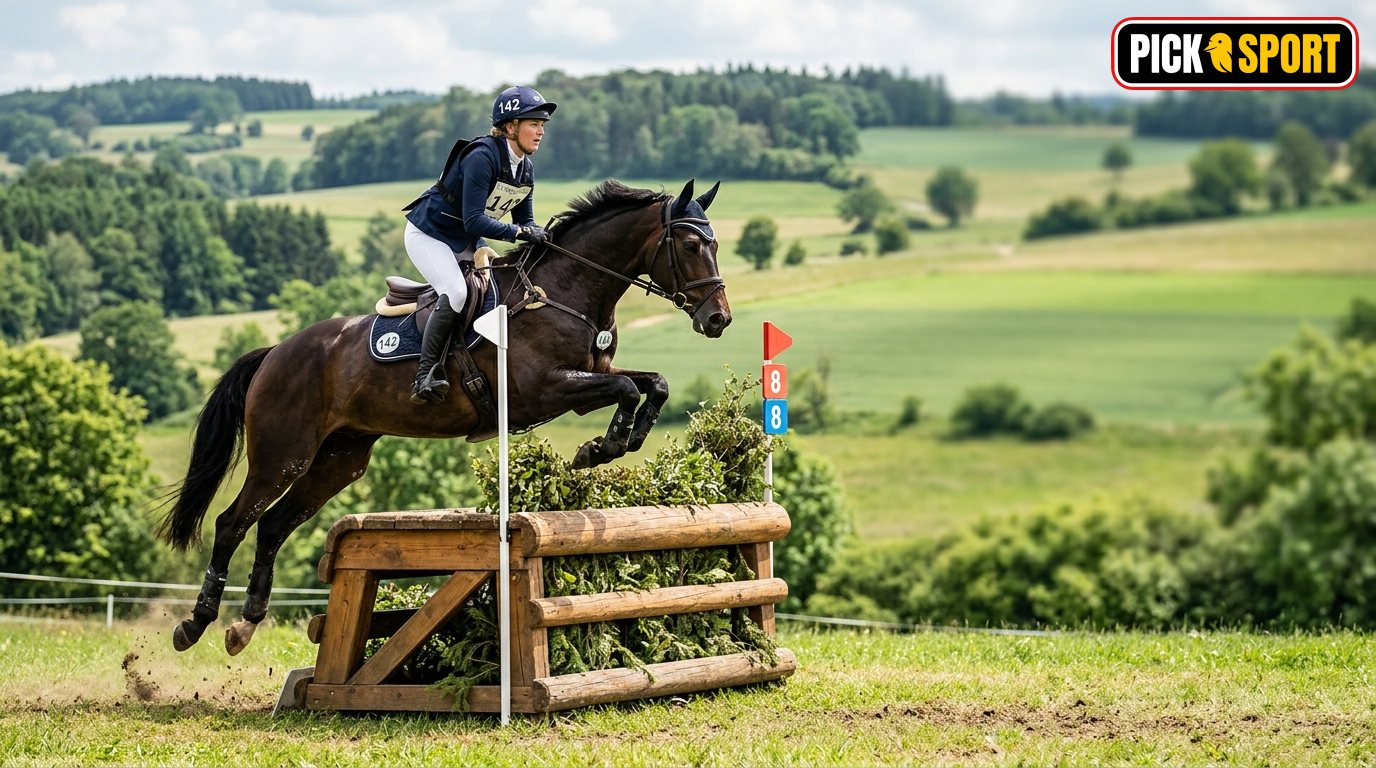 Pferd und Reiter beim Sprung über ein natürliches Hindernis im Vielseitigkeitsreiten im Grünen