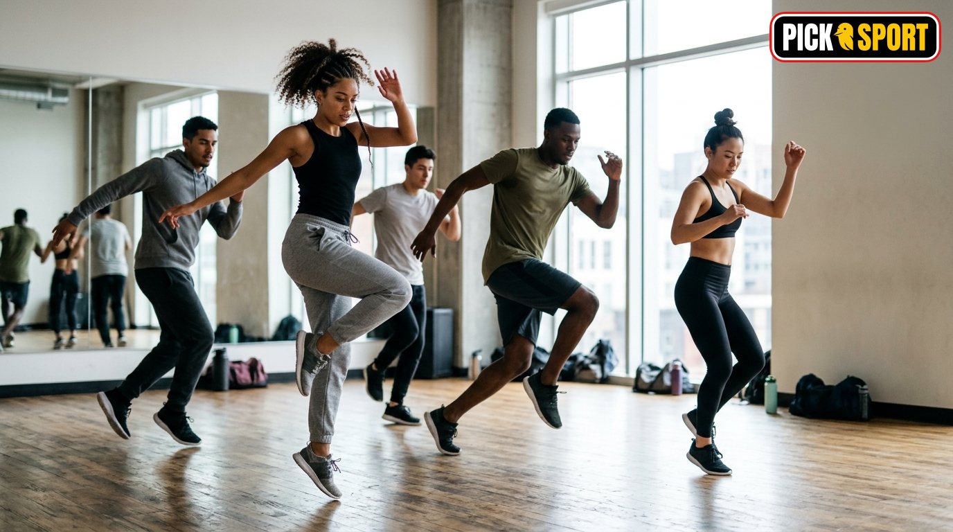 Eine Gruppe junger Tänzer beim Hip-Hop-Dance Training in einem hellen, modernen Tanzstudio mit Fokus auf Bewegung.
