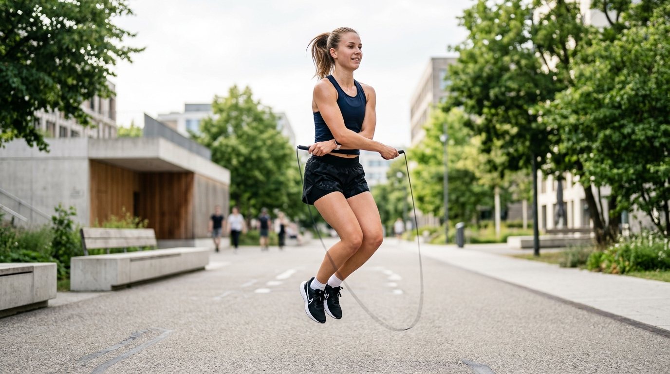 Sportliche Person beim Rope Skipping Training in einem modernen Park als effektives Ausdauertraining.