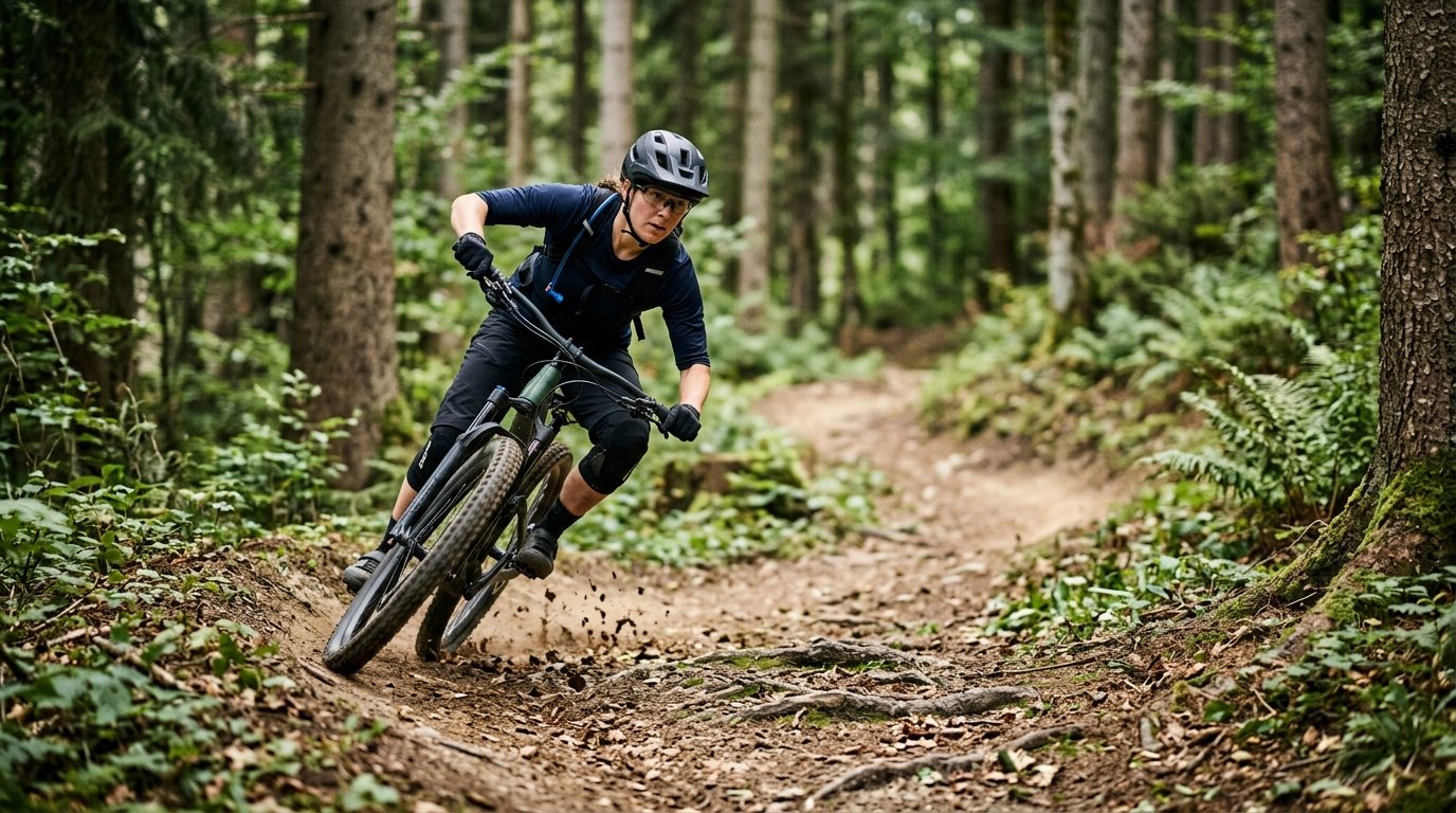 Mountainbiker auf einem Wald-Trail in einer Kurve bei der Enduro-Fahrtechnik-Übung.