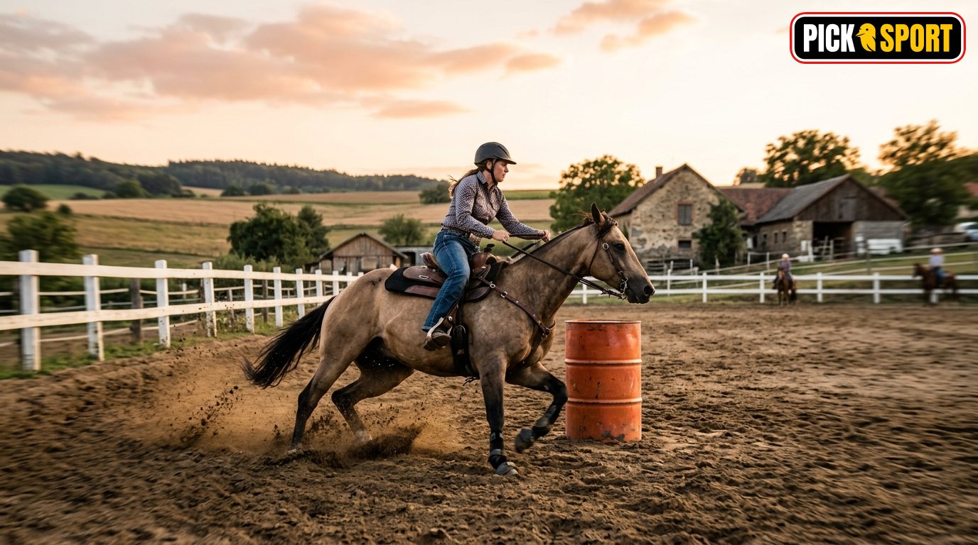 Reiterin bei einem Barrel Racing Training in einer Reitarena; Fokus auf Technik, Linienwahl und Pferd-Reiter-Harmonie.