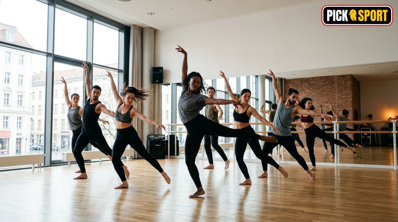 Gruppe von Jazz Dance Tänzern bei einer Trainingseinheit im Studio mit Fokus auf Technik und Bewegung.