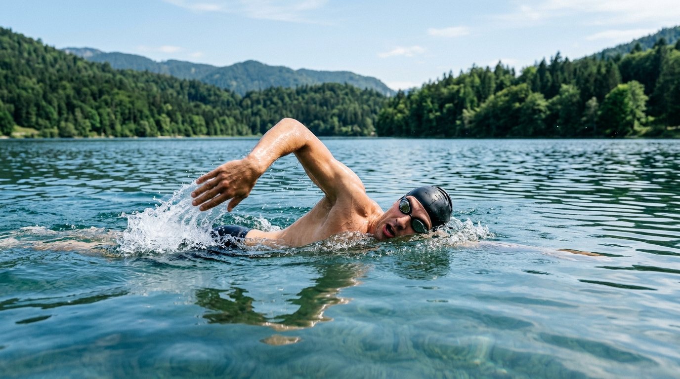 Sportler beim Kraulschwimmen im offenen Gewässer während des Freiwasserschwimmens an einem sonnigen Sommertag.