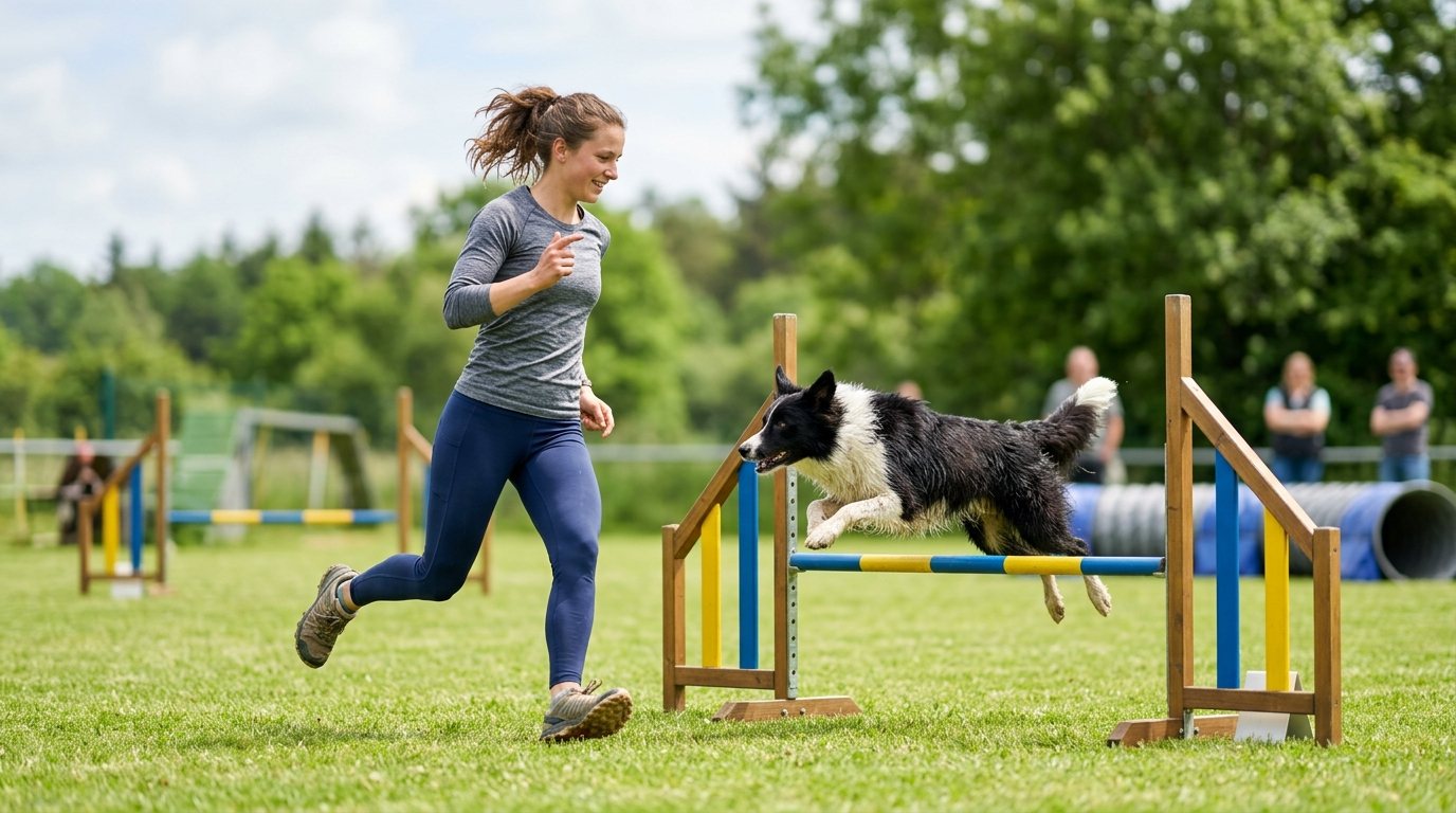 Frau trainiert aktiv mit ihrem Hund auf einem Agility-Parcours bei einem Hundesport-Training