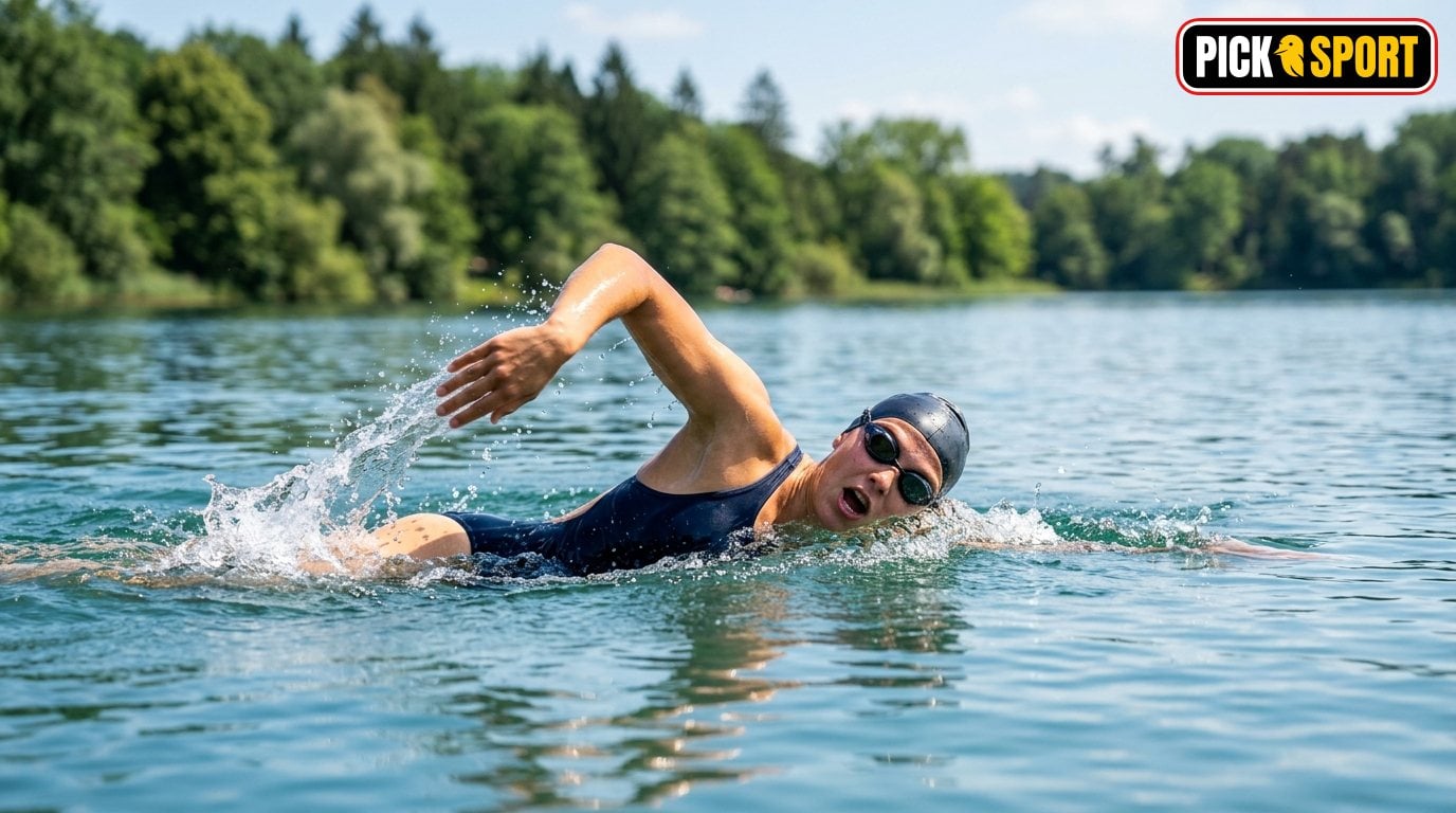 Freiwasserschwimmen: Regeln, Technik und Training verständlich erklärt Sportlicher Schwimmer trainiert Freiwasserschwimmen im klaren See bei Sonnenschein.