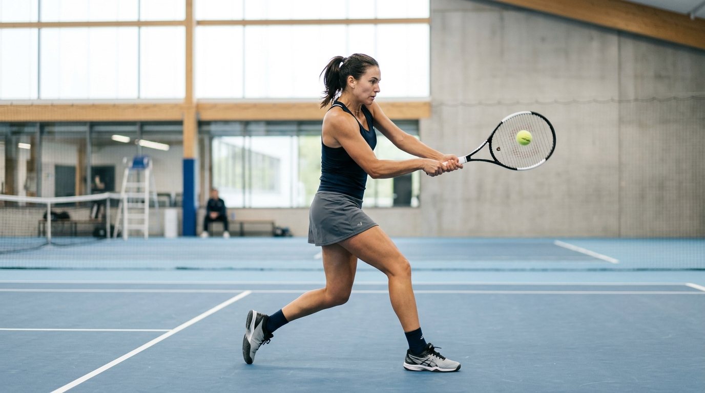 Sportler beim Technik-Training für Rückschlagsportarten in einer modernen Sporthalle