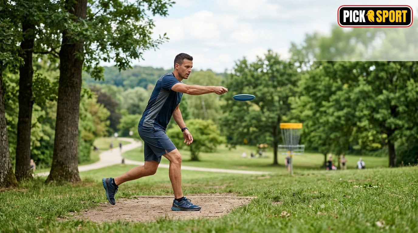 Discgolf: Regeln, Technik und Training verständlich erklärt Sportliche Person wirft beim Discgolf im Park: Fokus auf Technik und Bewegung im Outdoor-Training.
